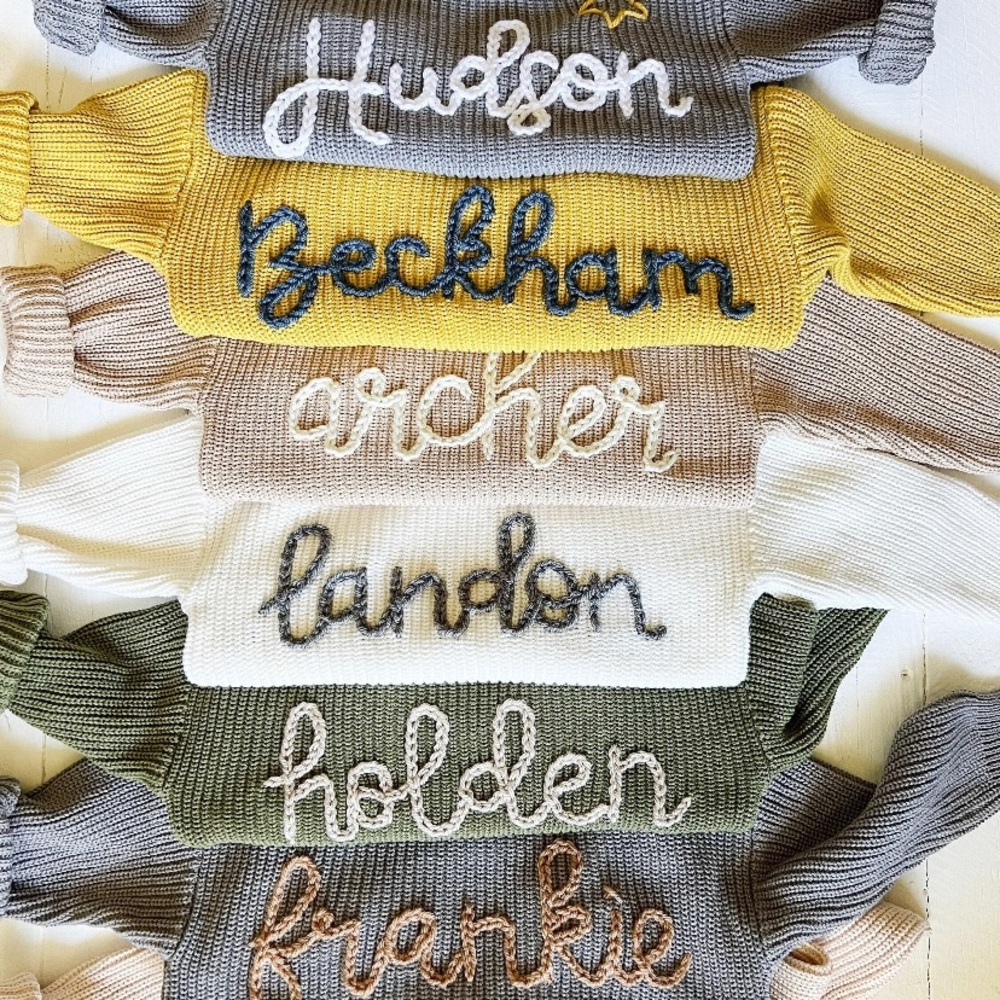 Hand embroidered name sweaters